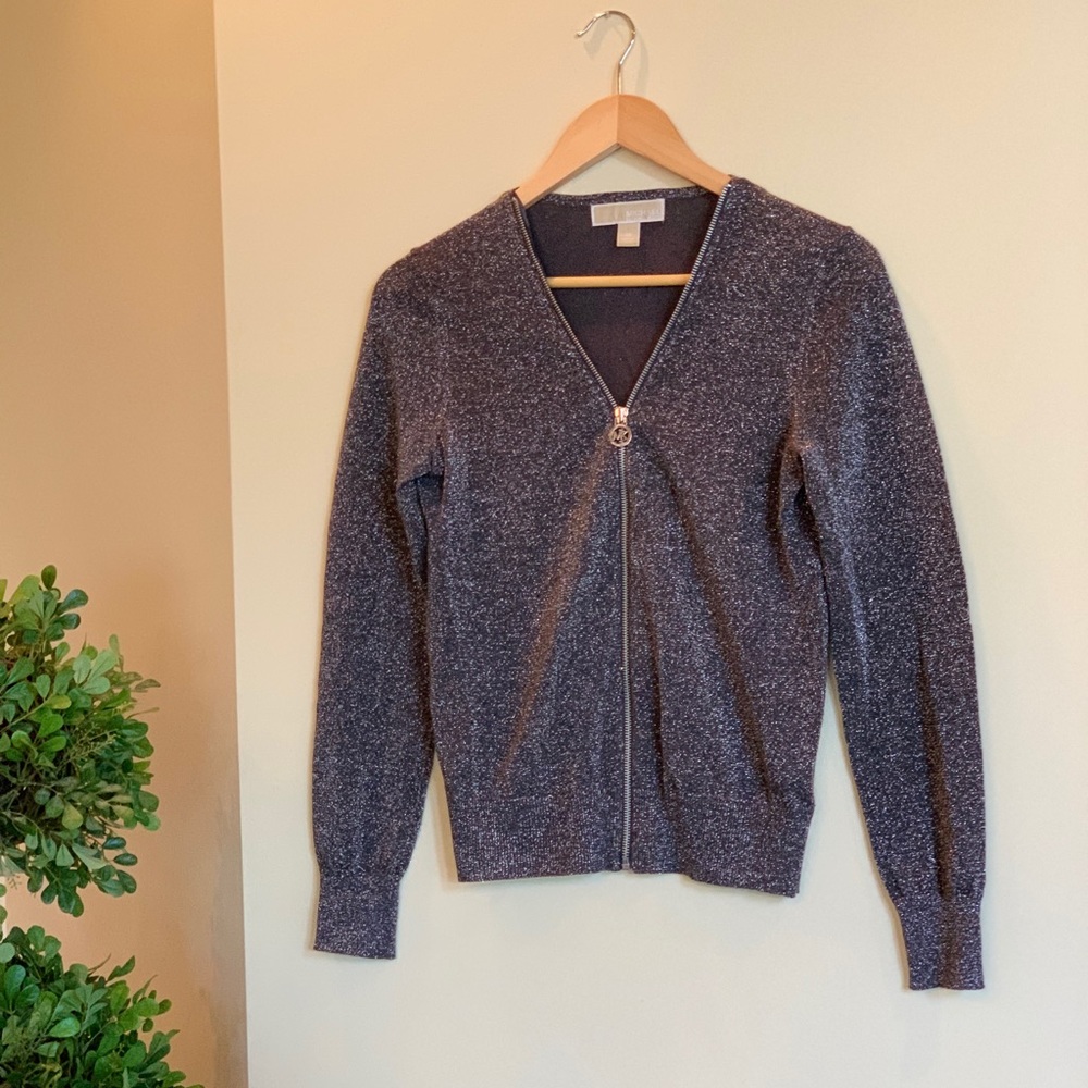 Michael Kors silver/metallic sequin zip up sweater